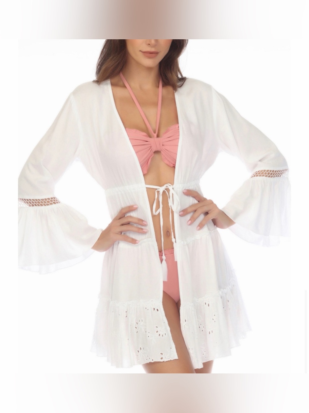 Raviya Women’s Lace-Inset Tie-Front Swim Coverup White